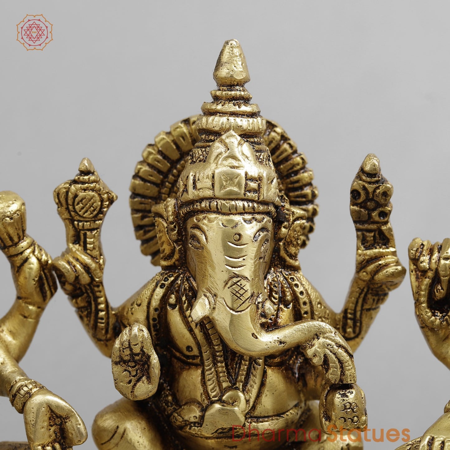 Brass Ganesh Lakshmi Saraswati Trio, Golden Finish 6.5”