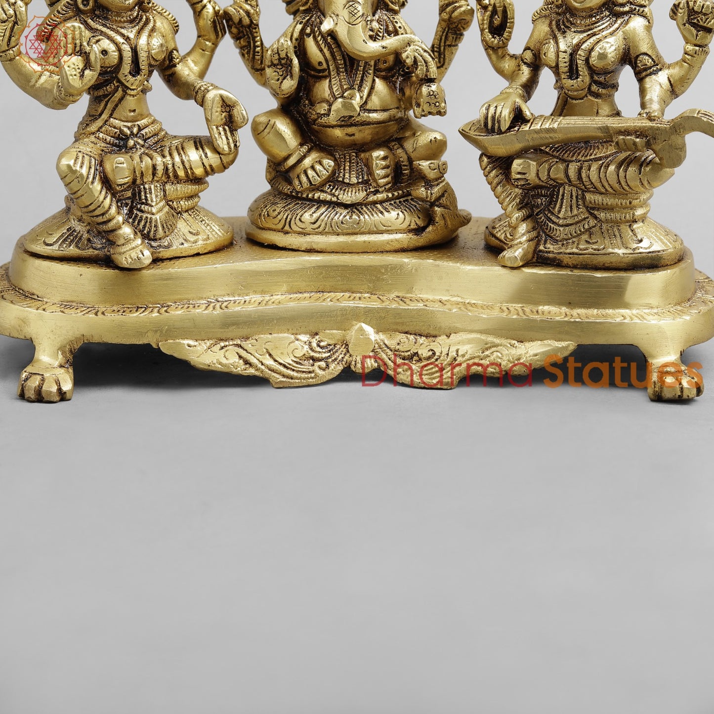 Brass Ganesh Lakshmi Saraswati Trio, Golden Finish 6.5”