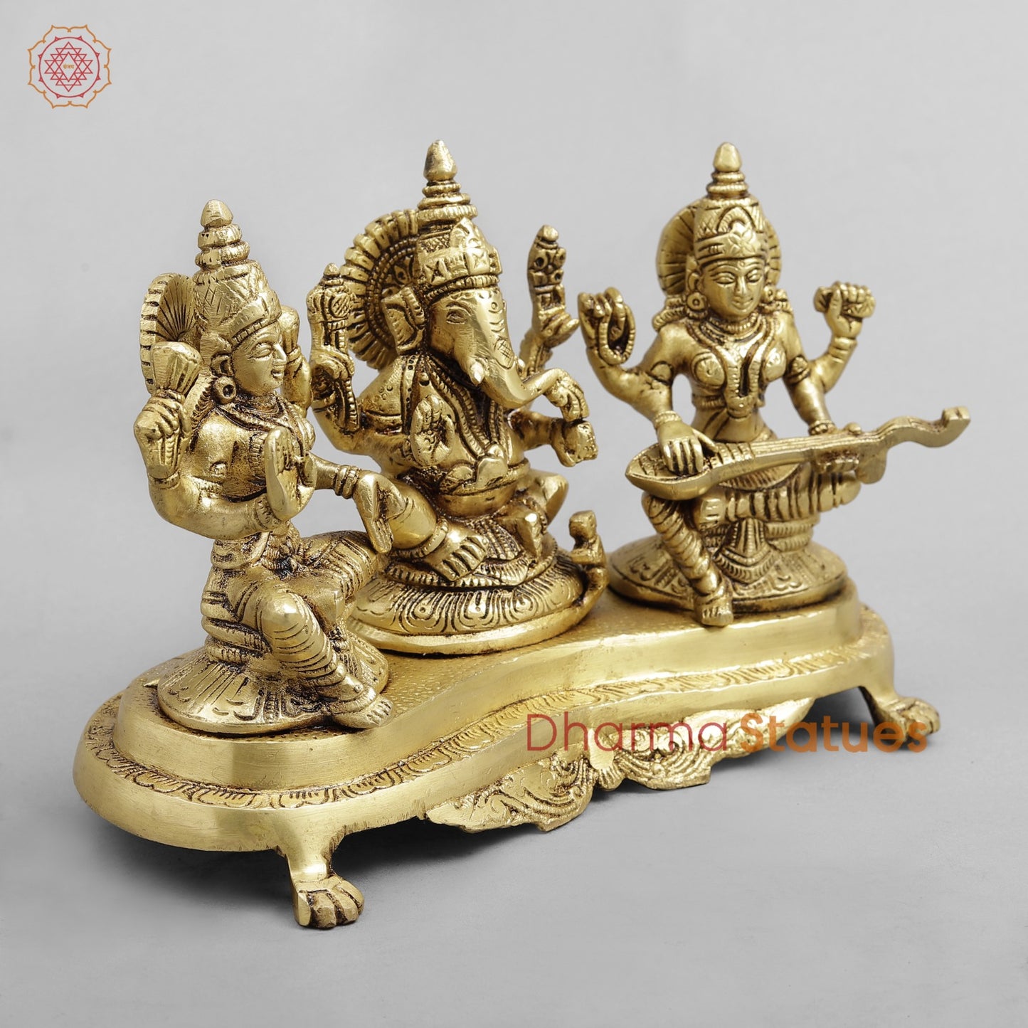 Brass Ganesh Lakshmi Saraswati Trio, Golden Finish 6.5”