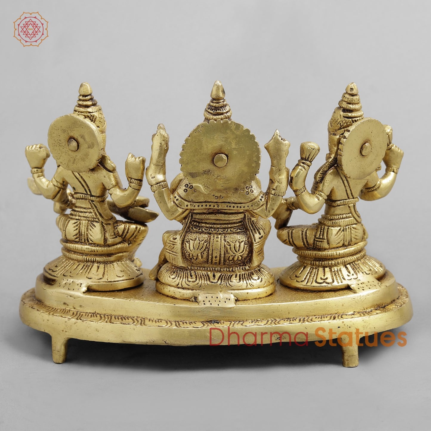 Brass Ganesh Lakshmi Saraswati Trio, Golden Finish 6.5”