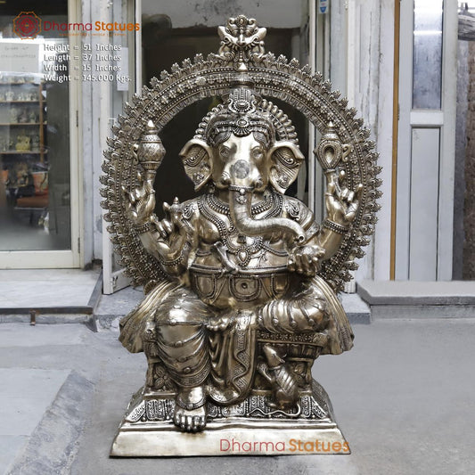 Brass Ganesh Seated With Yaali Arch, Fine Smooth Finish 62”