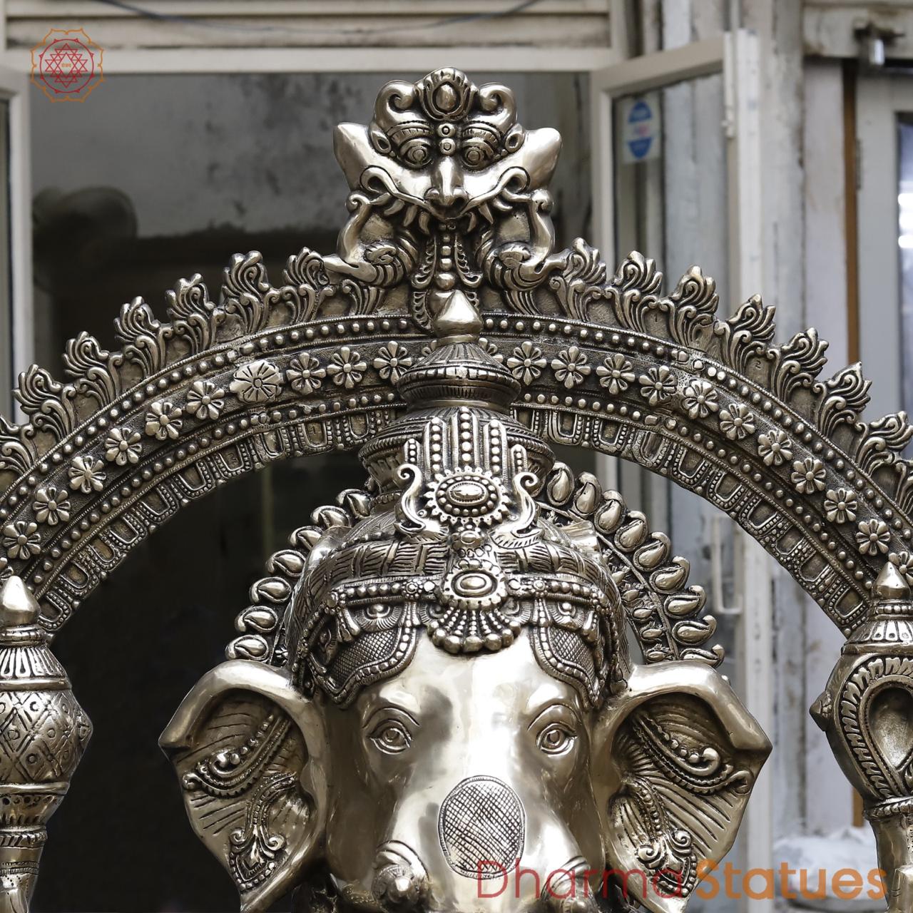 Brass Ganesh Seated With Yaali Arch, Fine Smooth Finish 62”