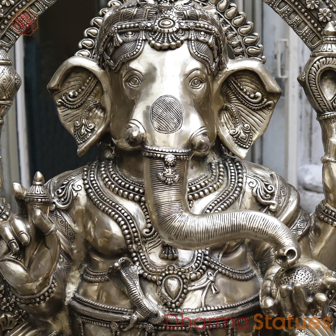 Brass Ganesh Seated With Yaali Arch, Fine Smooth Finish 62”
