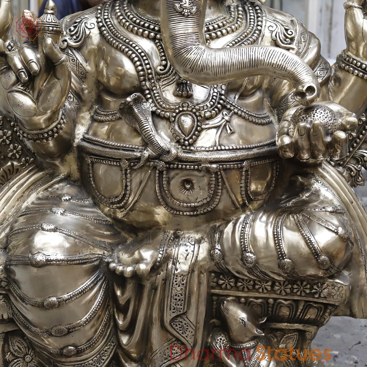 Brass Ganesh Seated With Yaali Arch, Fine Smooth Finish 62”