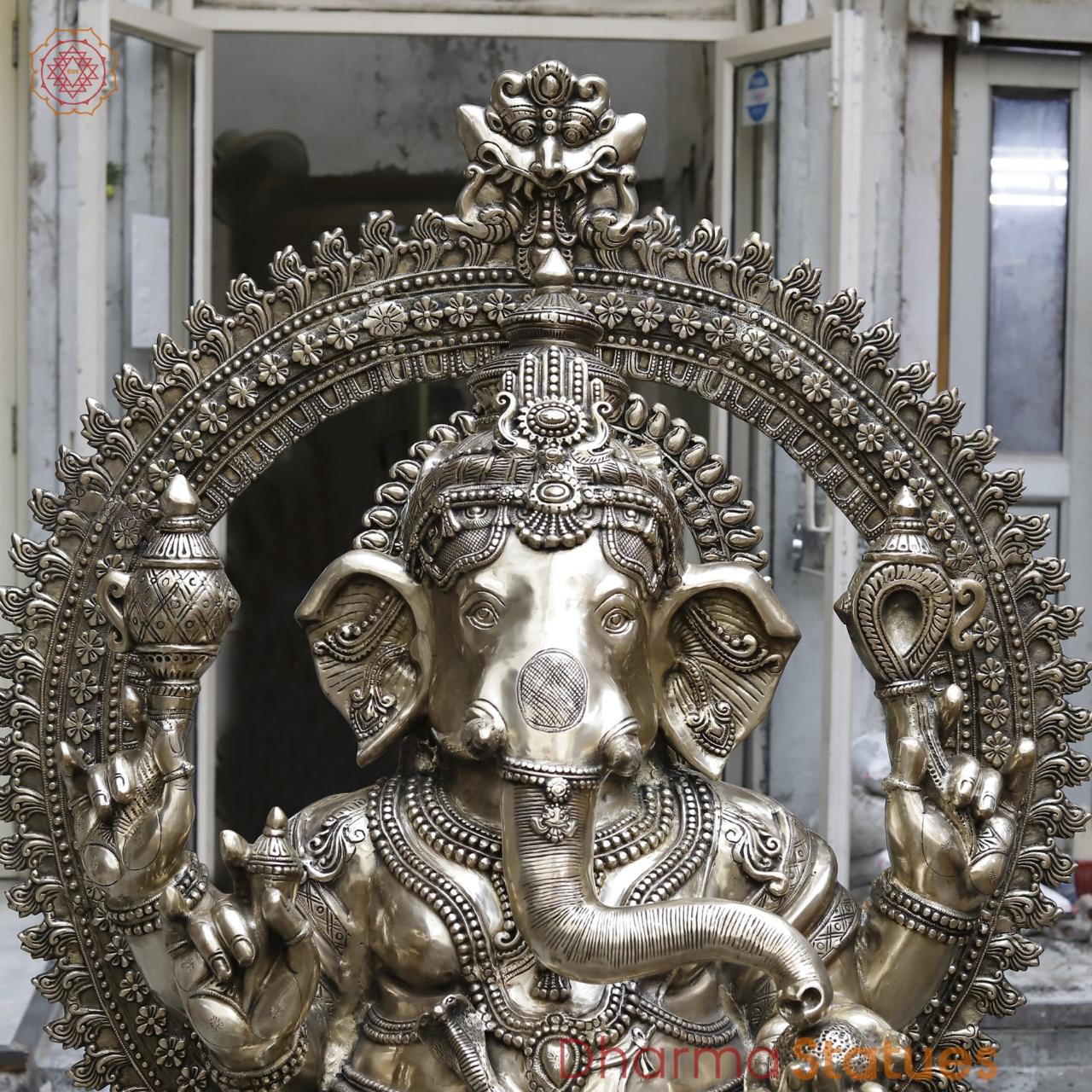 Brass Ganesh Seated With Yaali Arch, Fine Smooth Finish 62”