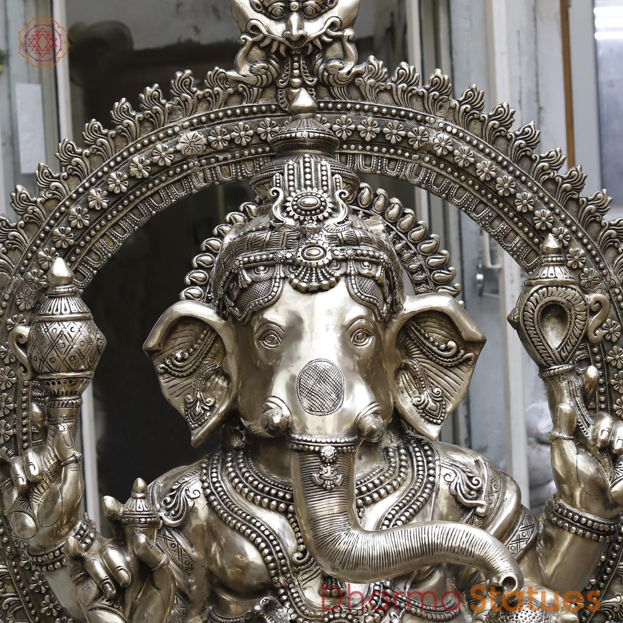 Brass Ganesh Seated With Yaali Arch, Fine Smooth Finish 62”