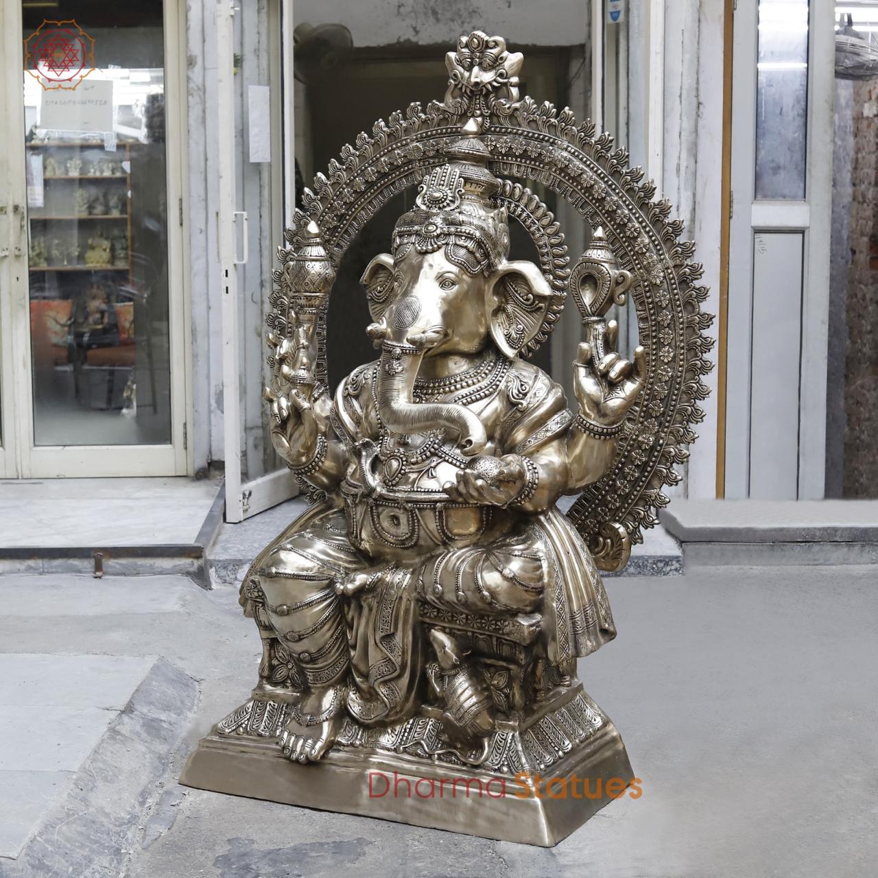 Brass Ganesh Seated With Yaali Arch, Fine Smooth Finish 62”