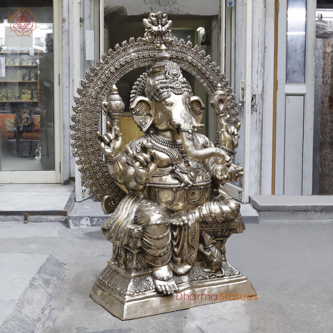 Brass Ganesh Seated With Yaali Arch, Fine Smooth Finish 62”