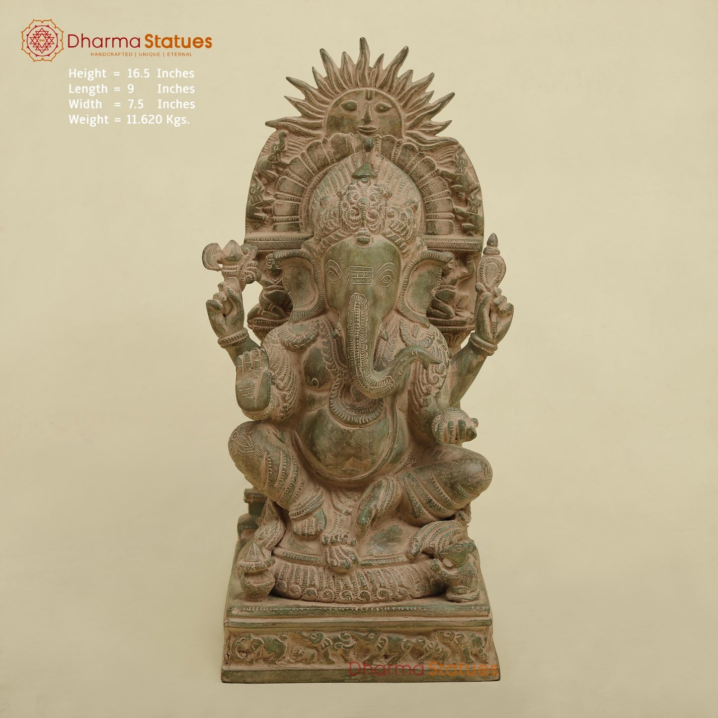Brass Surya Ganesh With throne, Antique Green Finish 16.5”