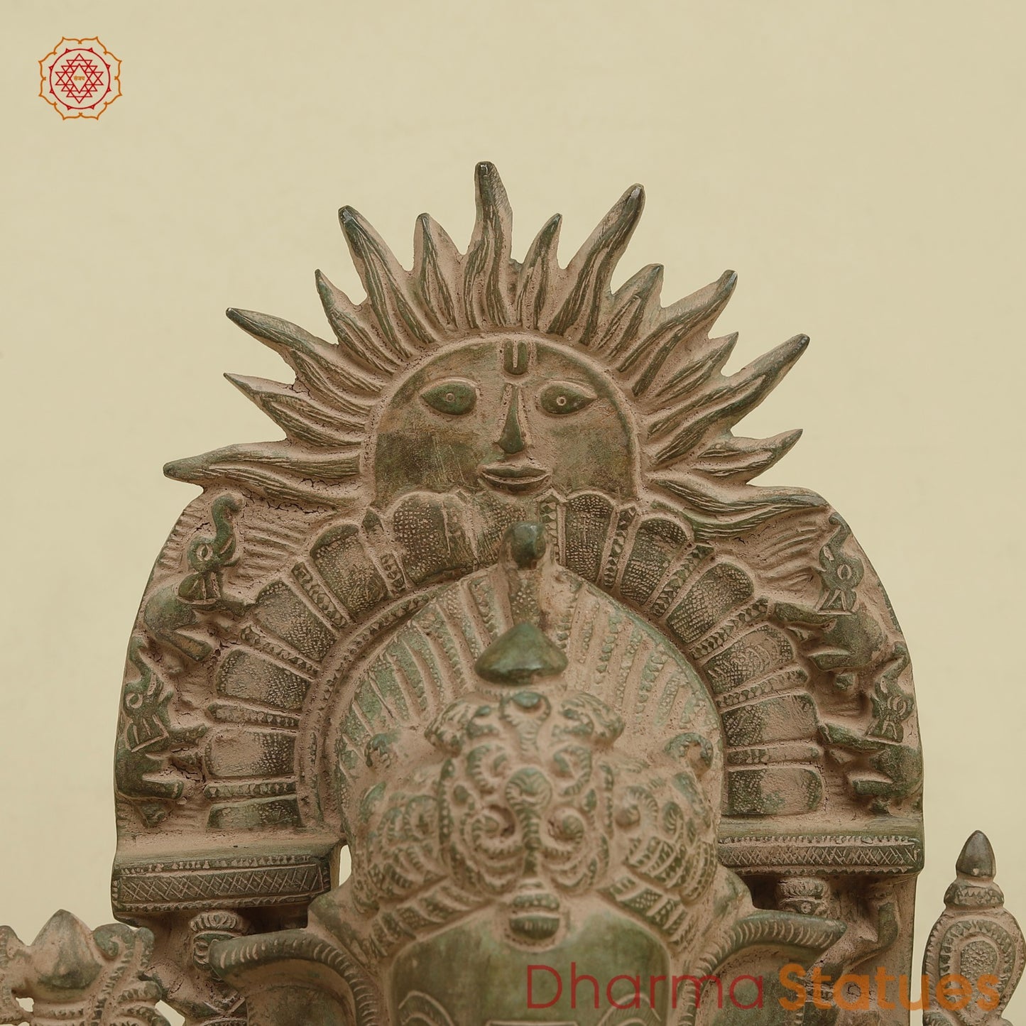 Brass Surya Ganesh With throne, Antique Green Finish 16.5”