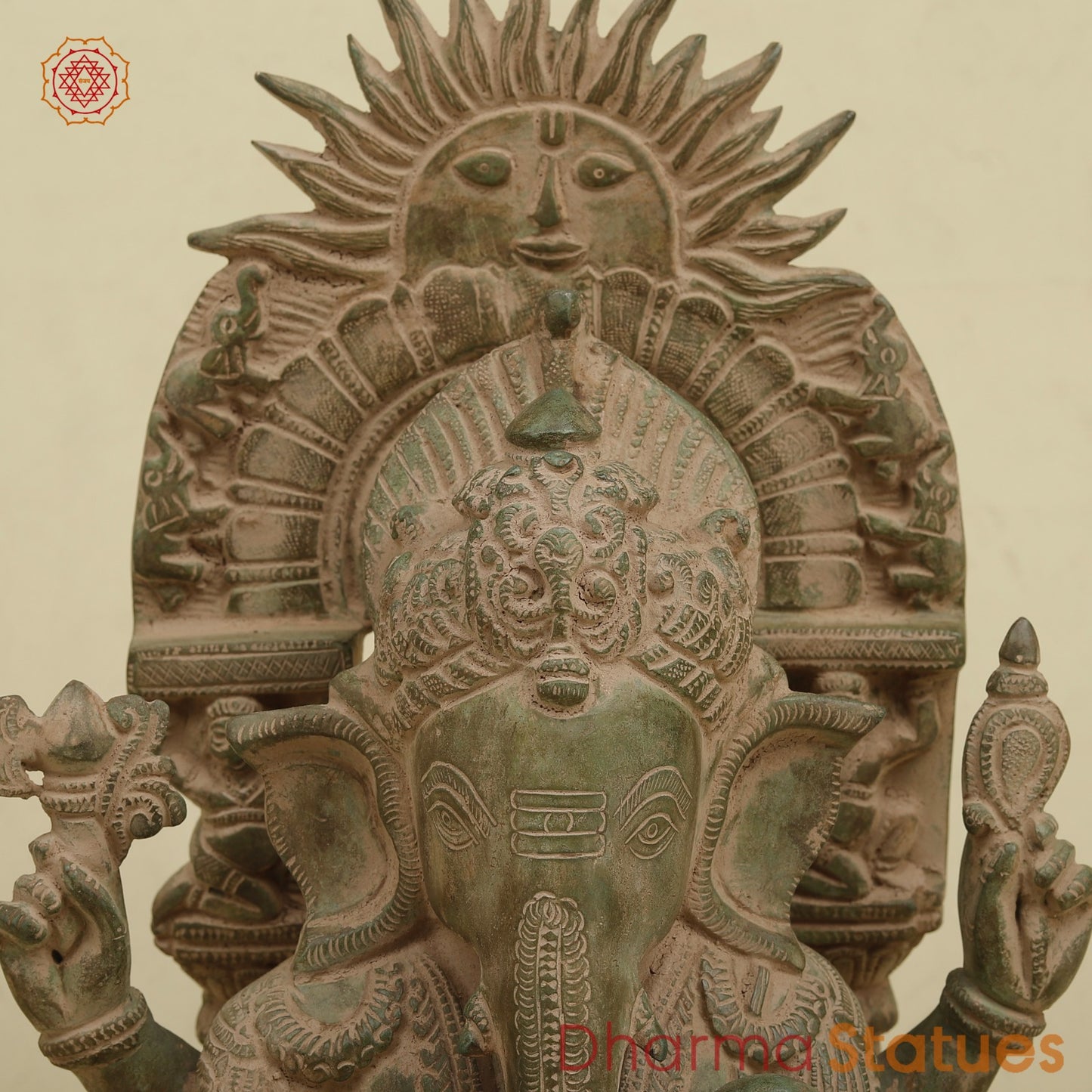Brass Surya Ganesh With throne, Antique Green Finish 16.5”