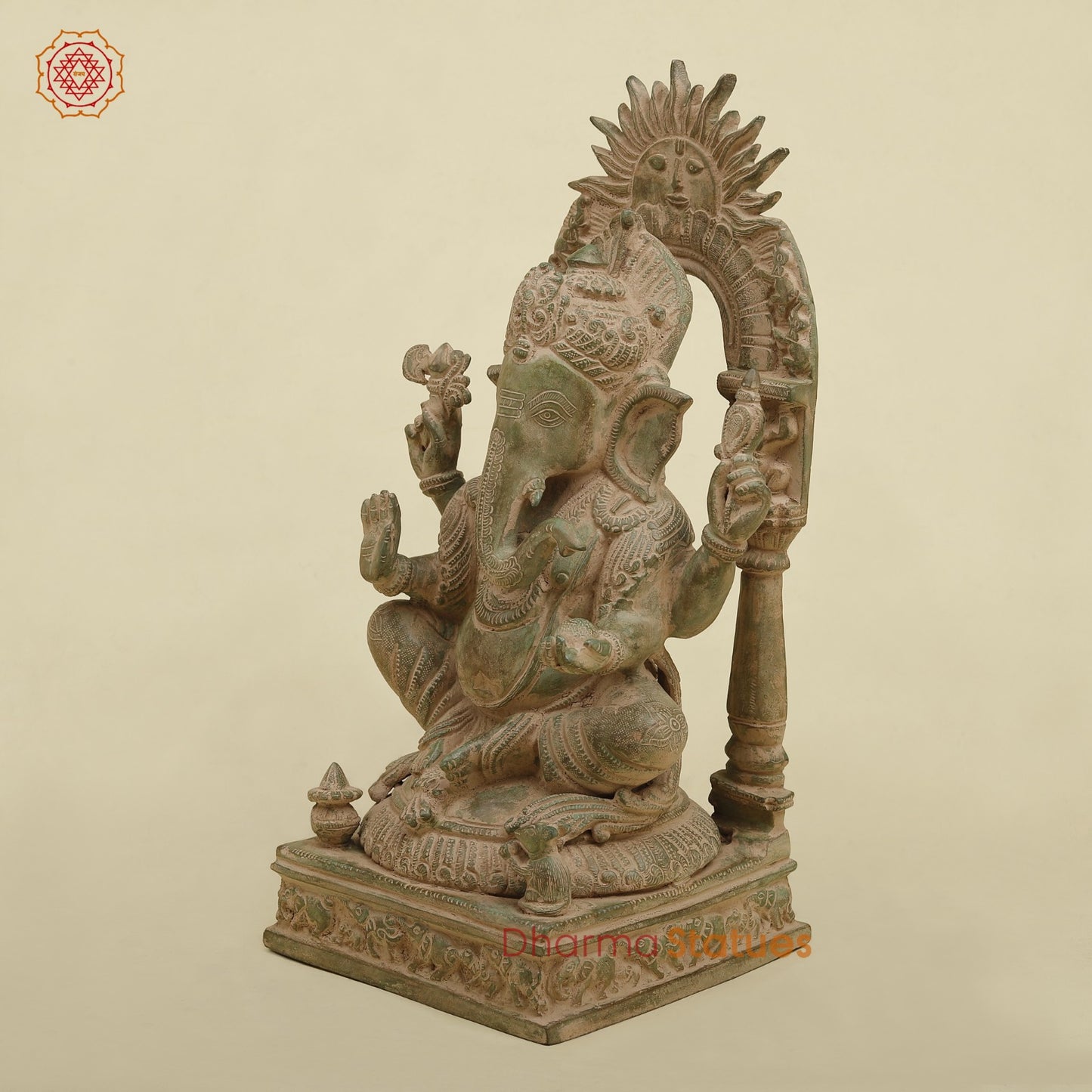 Brass Surya Ganesh With throne, Antique Green Finish 16.5”