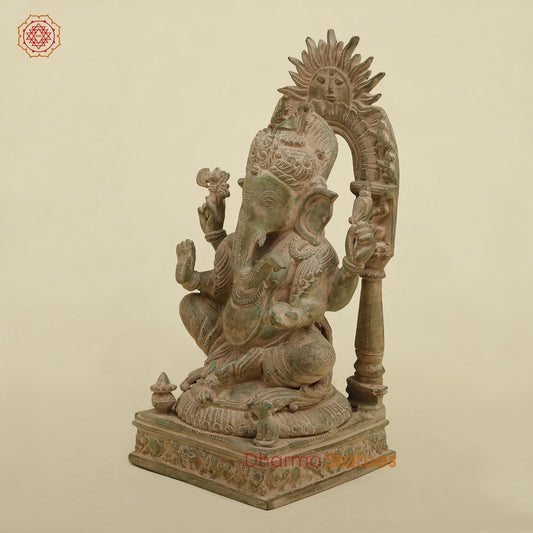 Brass Surya Ganesh With throne, Antique Green Finish 16.5”
