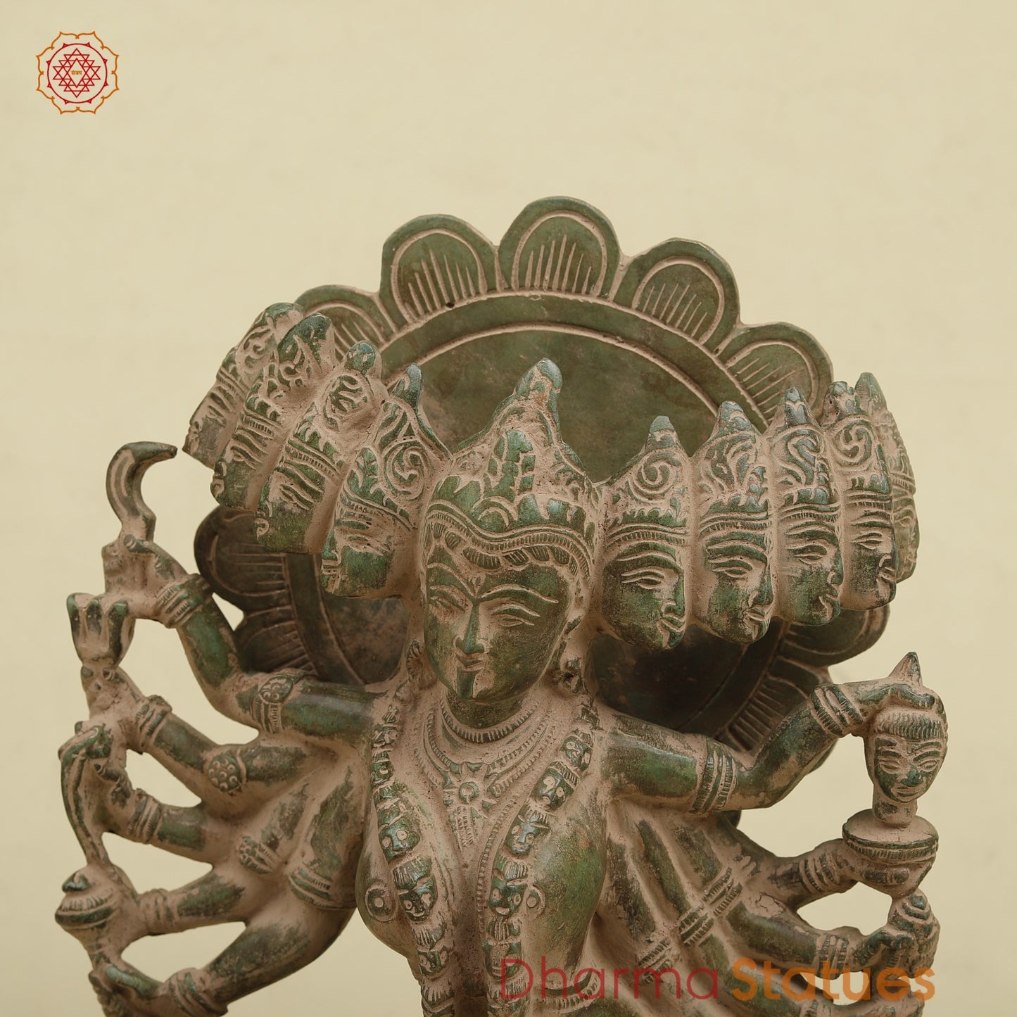 Brass Kaali 10 Face Fine, Antique Green Finish 15.5”