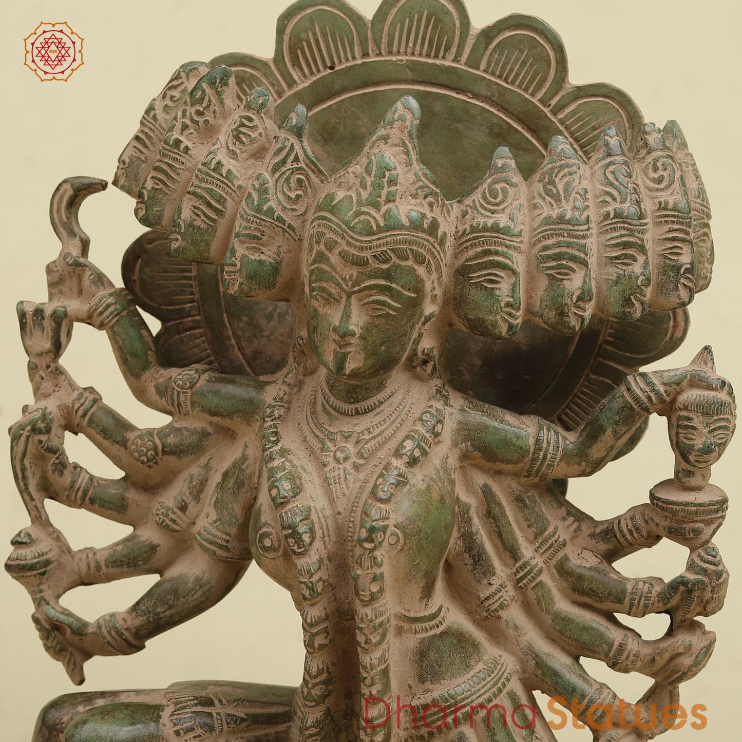 Brass Kaali 10 Face Fine, Antique Green Finish 15.5”