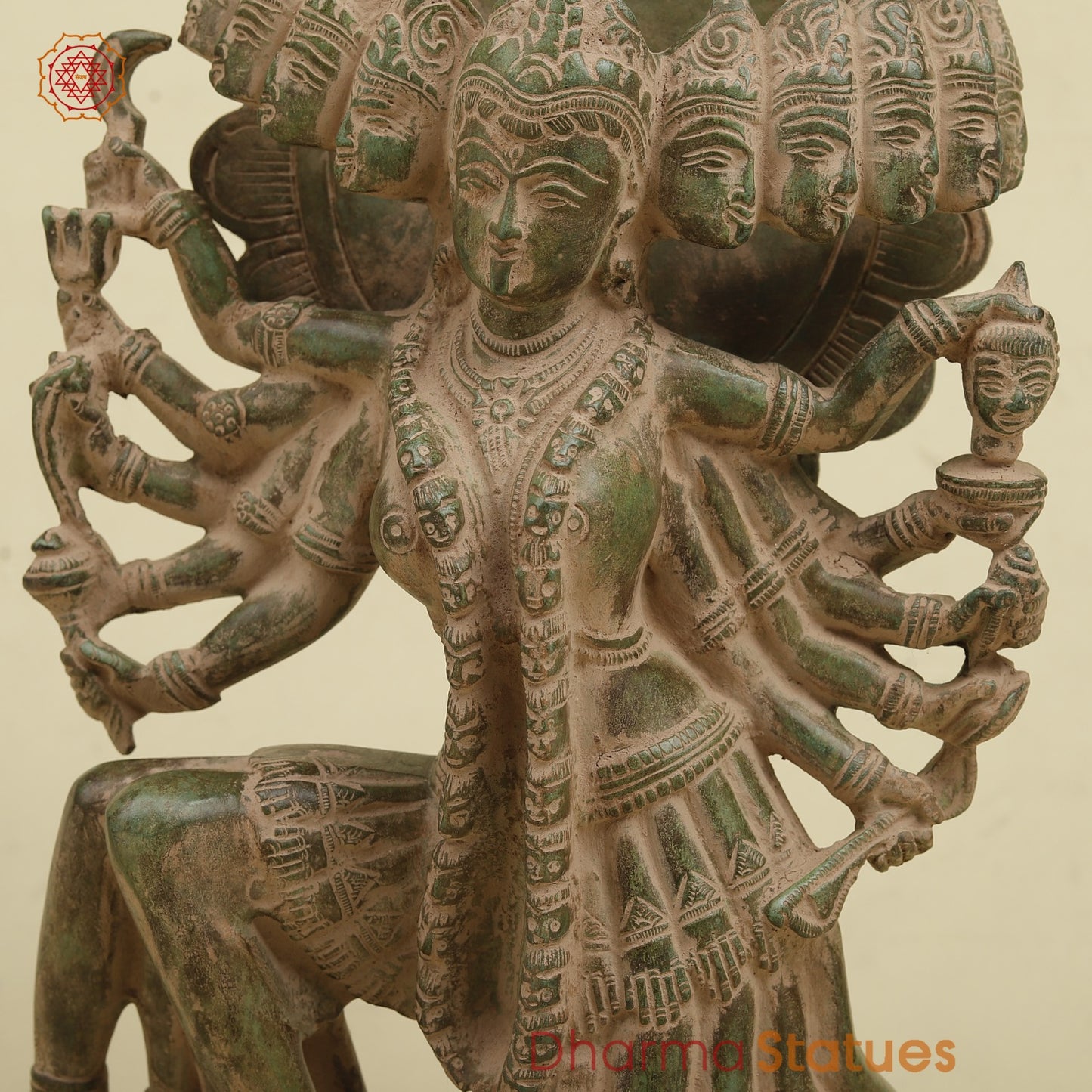 Brass Kaali 10 Face Fine, Antique Green Finish 15.5”