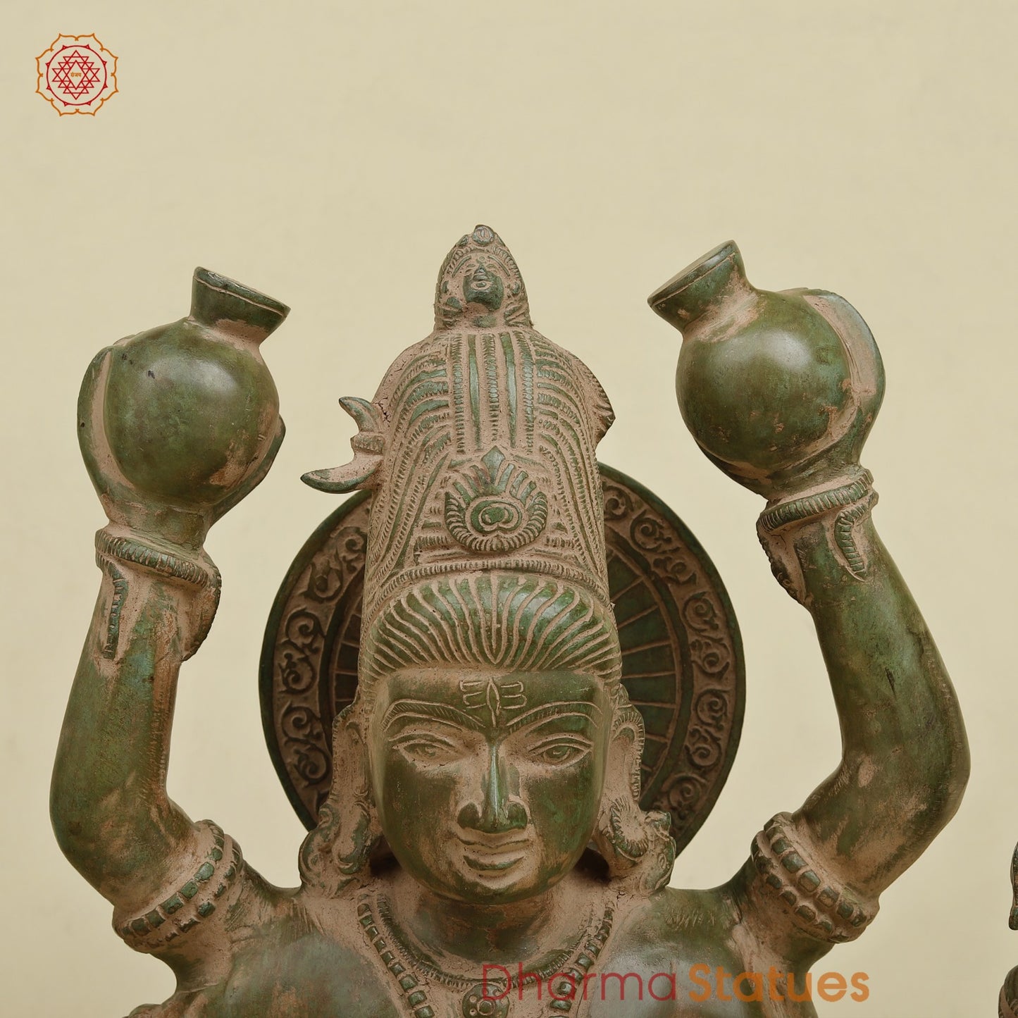 Brass Mahamritunjay Shiva Seated, Antique Green Finish 14”