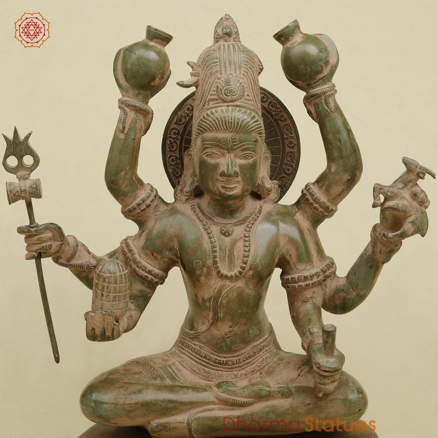 Brass Mahamritunjay Shiva Seated, Antique Green Finish 14”