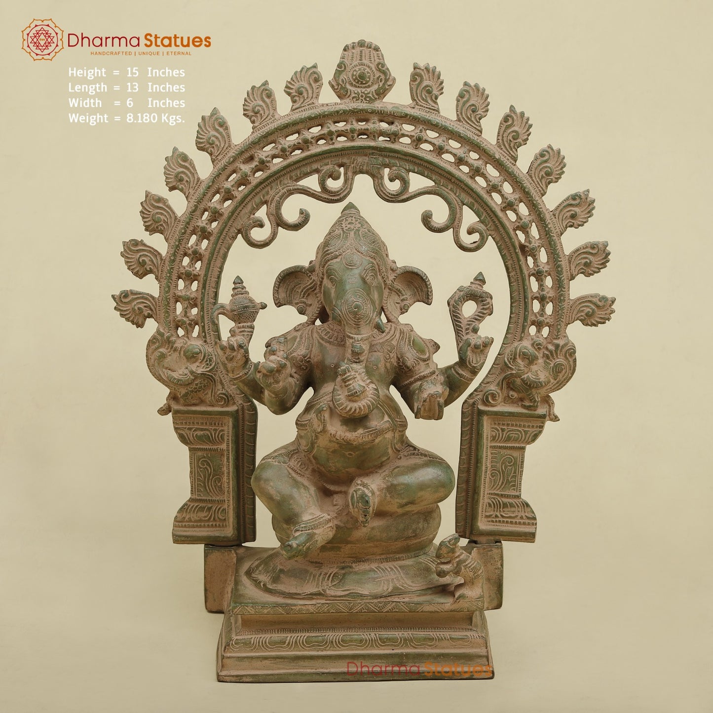 Brass Ganesh With Arch fine, Antique Green Finish 15”