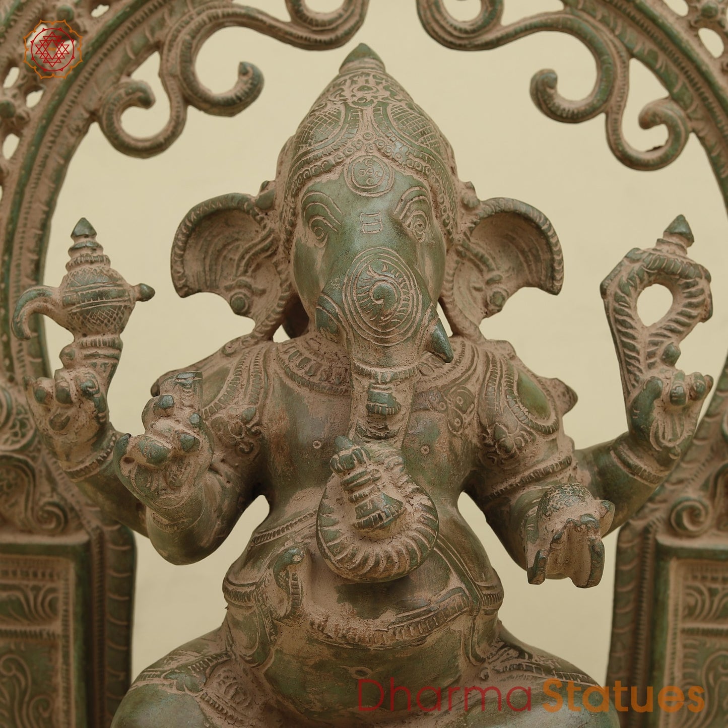 Brass Ganesh With Arch fine, Antique Green Finish 15”