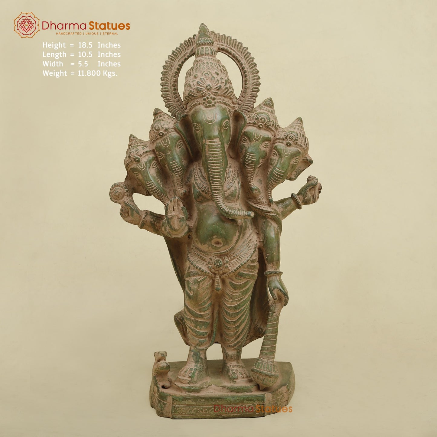 Brass Panchmukhi Ganesh Standing , Antique Green finish 18.5”