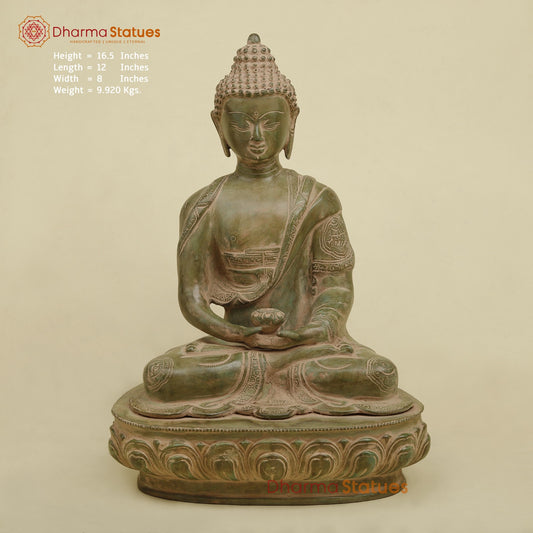 Brass Meditating Buddha, Antique Green Finish 16.5”