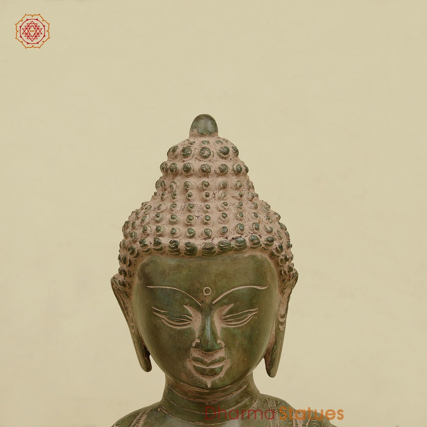 Brass Meditating Buddha, Antique Green Finish 16.5”