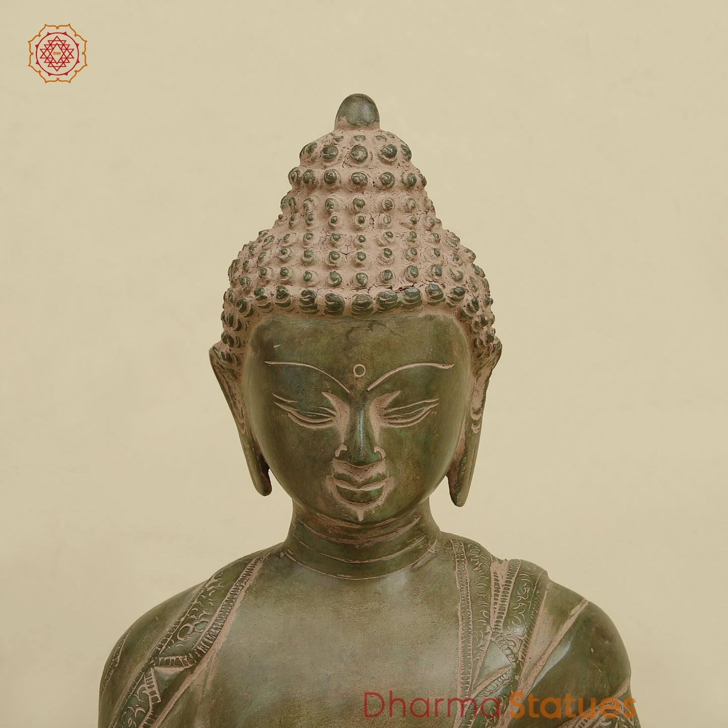 Brass Meditating Buddha, Antique Green Finish 16.5”