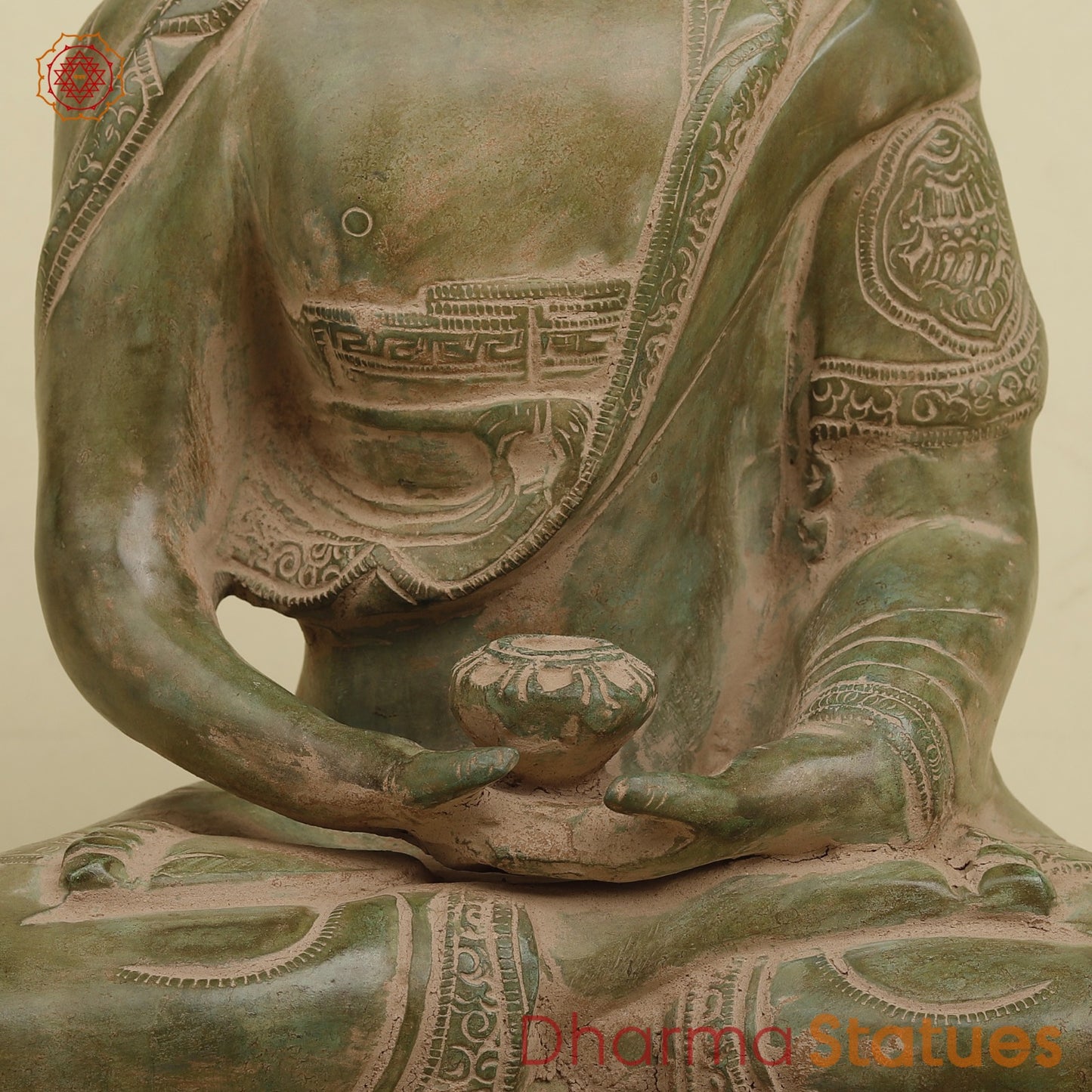 Brass Meditating Buddha, Antique Green Finish 16.5”