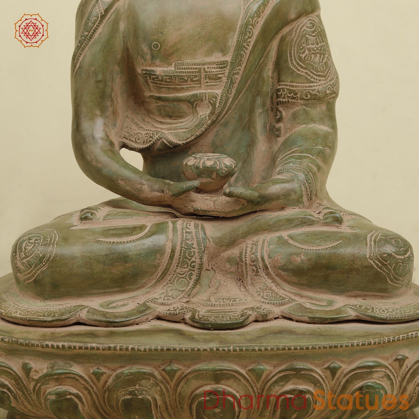 Brass Meditating Buddha, Antique Green Finish 16.5”