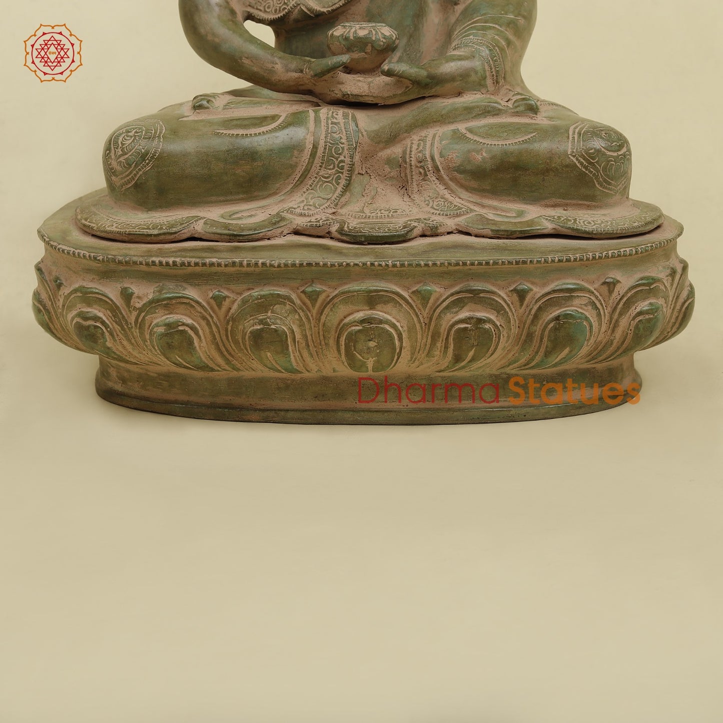 Brass Meditating Buddha, Antique Green Finish 16.5”
