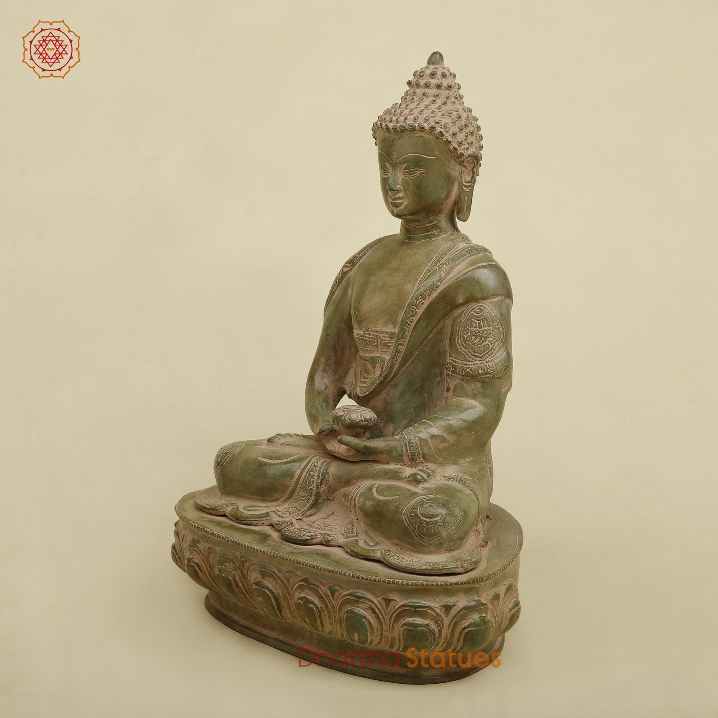 Brass Meditating Buddha, Antique Green Finish 16.5”