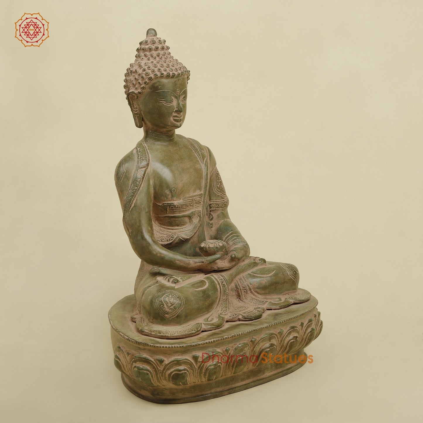 Brass Meditating Buddha, Antique Green Finish 16.5”