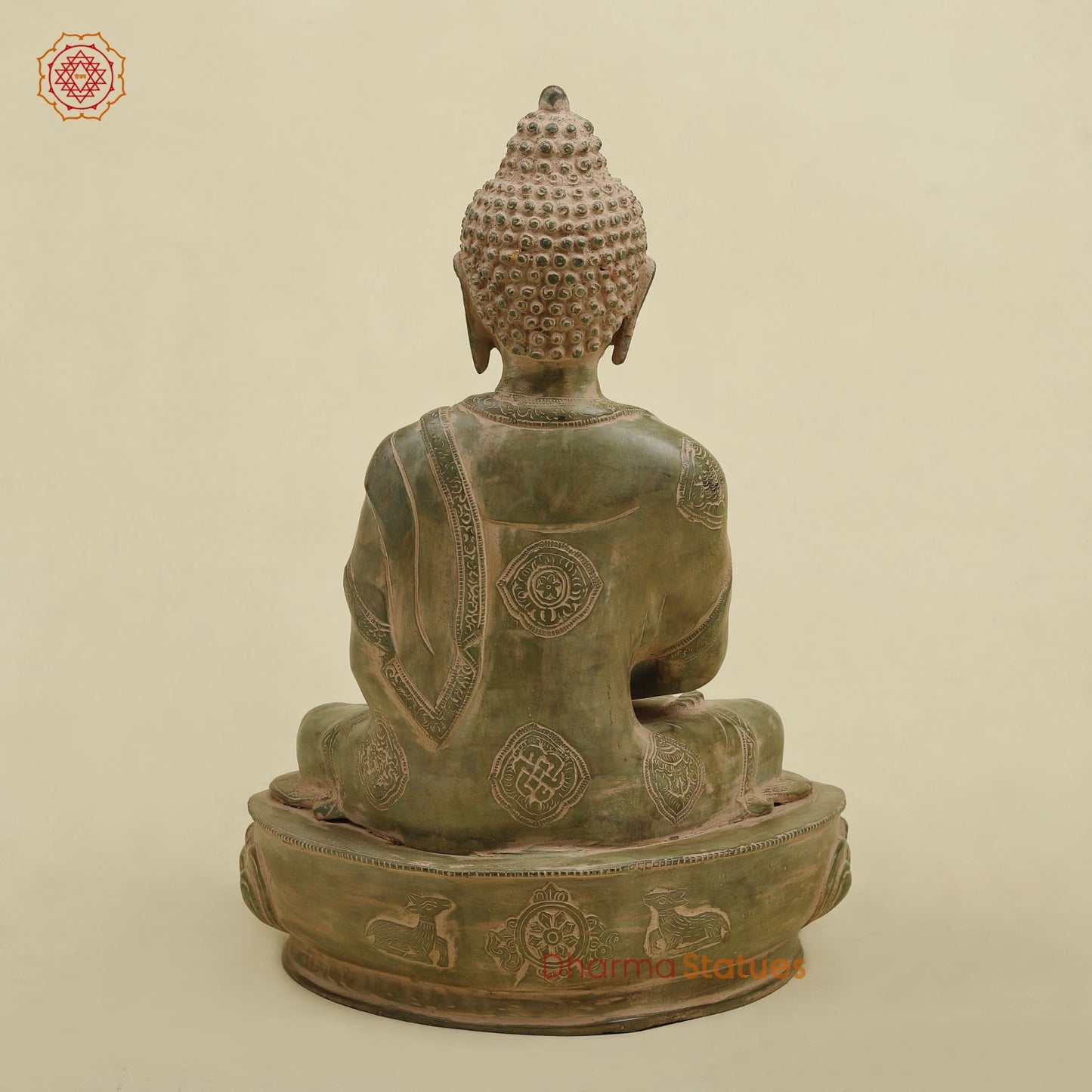 Brass Meditating Buddha, Antique Green Finish 16.5”