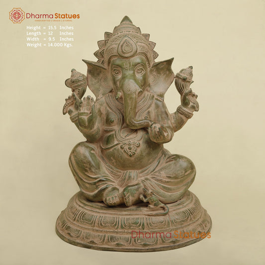 Brass Ganesh Seated Fine, Antique Green finish 15.5”
