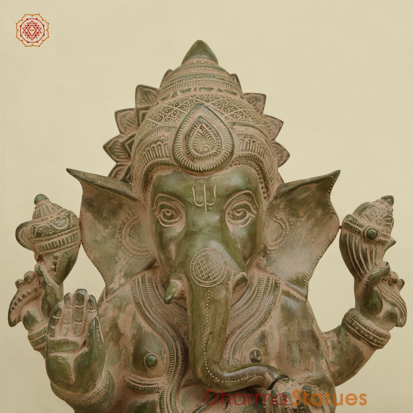 Brass Ganesh Seated Fine, Antique Green finish 15.5”