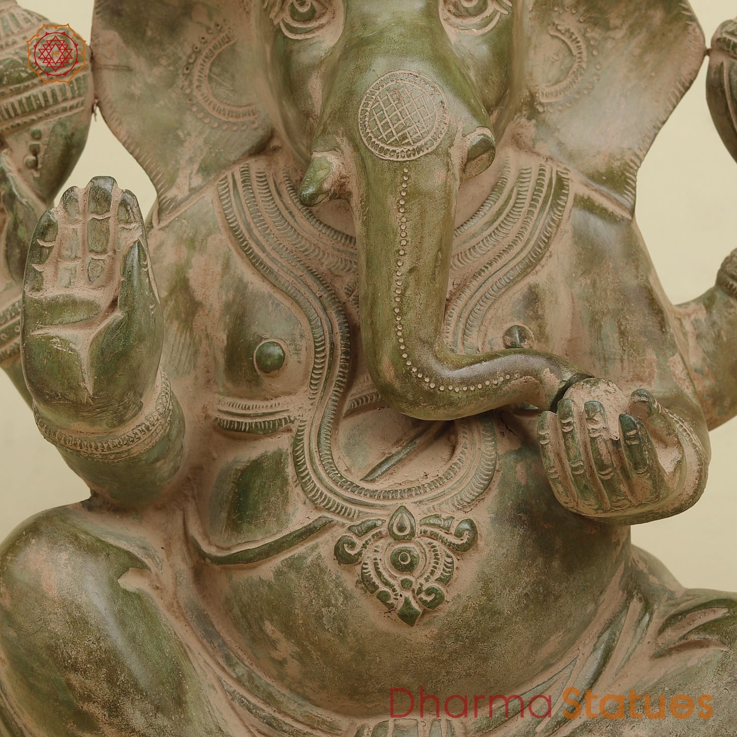 Brass Ganesh Seated Fine, Antique Green finish 15.5”
