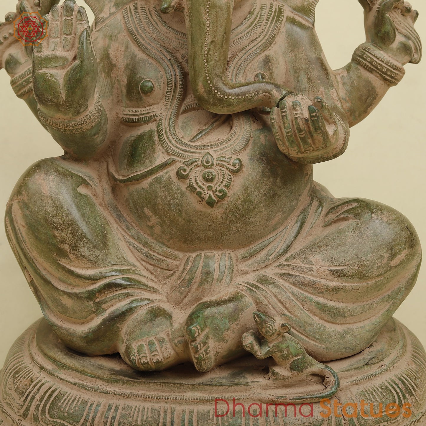 Brass Ganesh Seated Fine, Antique Green finish 15.5”