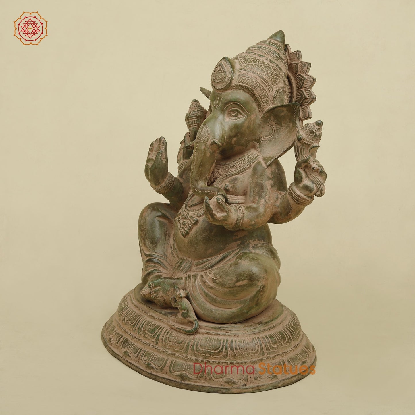 Brass Ganesh Seated Fine, Antique Green finish 15.5”