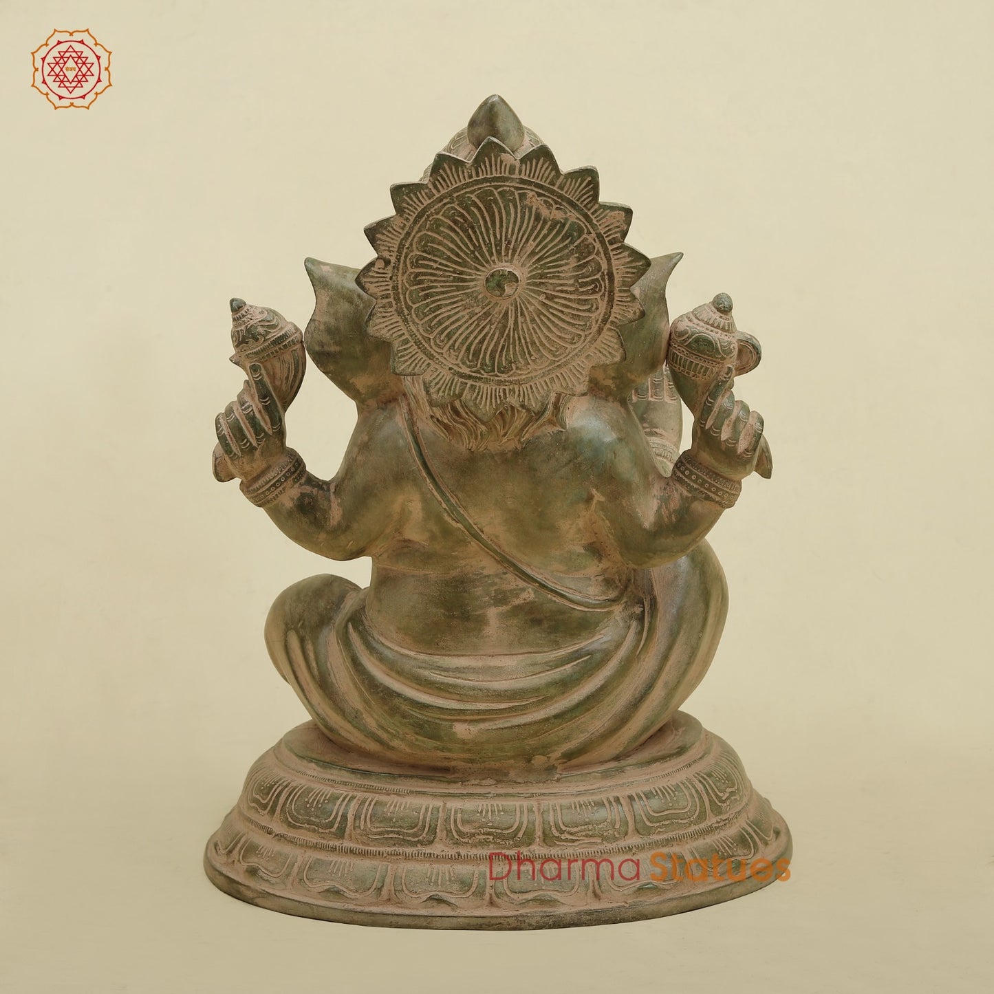 Brass Ganesh Seated Fine, Antique Green finish 15.5”