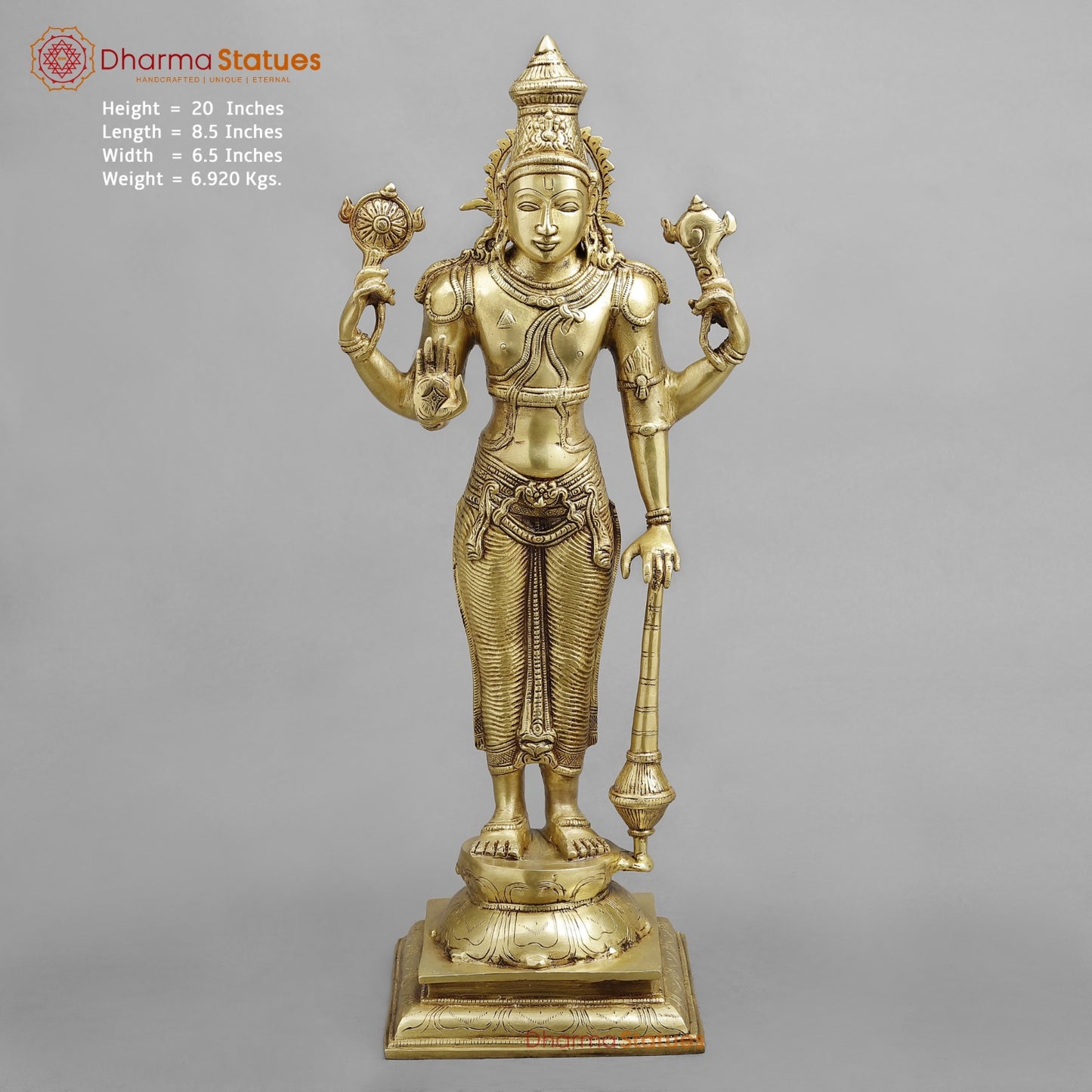 Brass Vishnu Standing, Golden Finish 20”