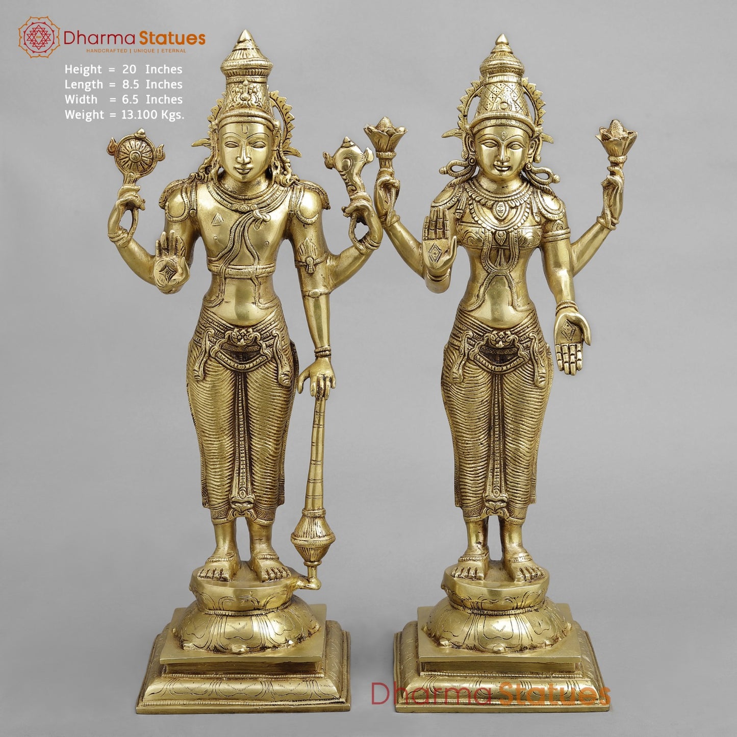 Brass Vishnu Lakshmi Standing, Golden Finish 20”