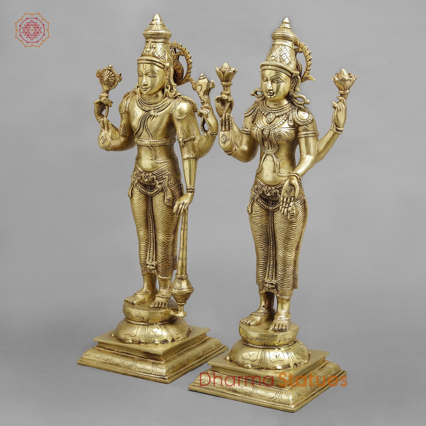 Brass Vishnu Lakshmi Standing, Golden Finish 20”