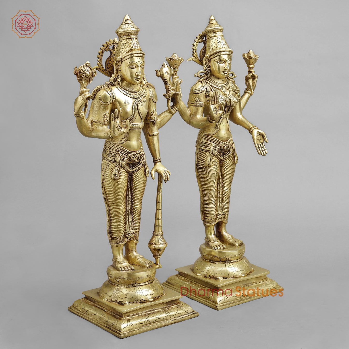 Brass Vishnu Lakshmi Standing, Golden Finish 20”