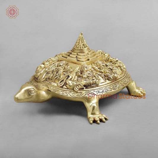Brass Auspicious Ashtalakshmi Tortoise with Meru, Golden finish 13.5”