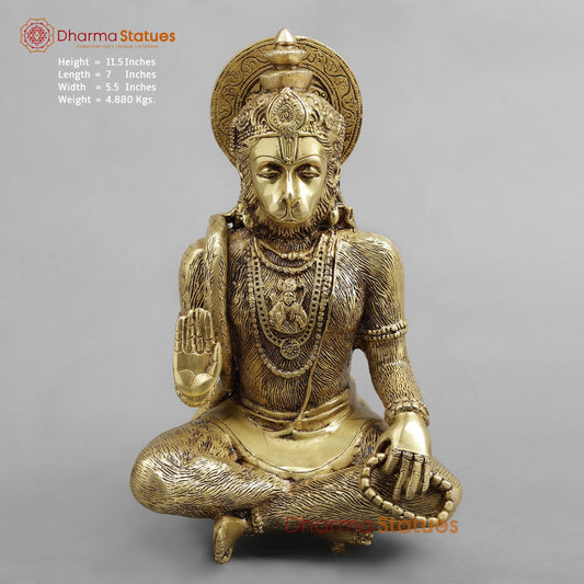 Brass Hanuman Seated Fine, Golden Finish 11.5”