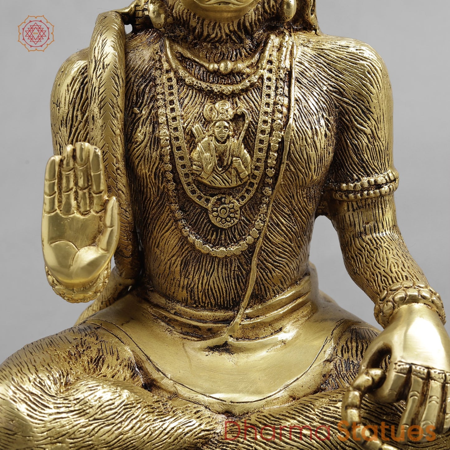 Brass Hanuman Seated Fine, Golden Finish 11.5”