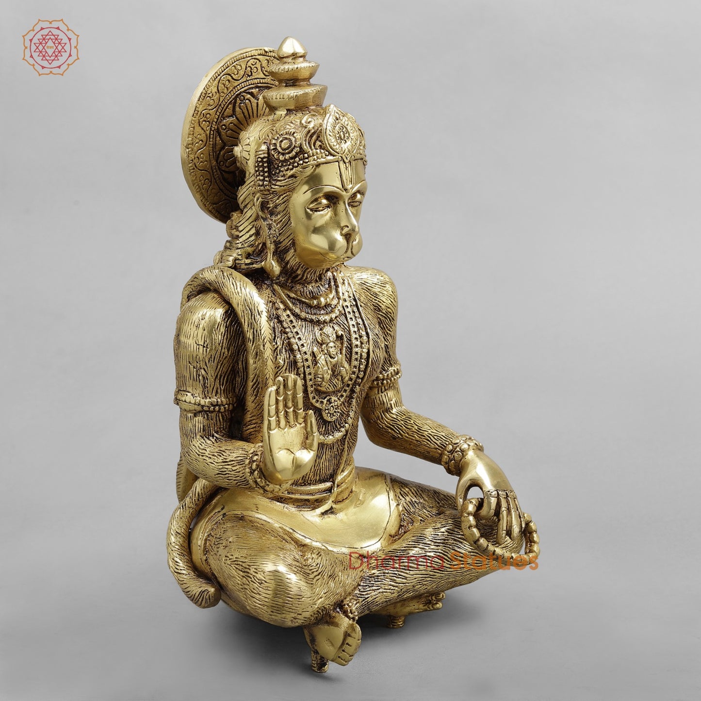 Brass Hanuman Seated Fine, Golden Finish 11.5”