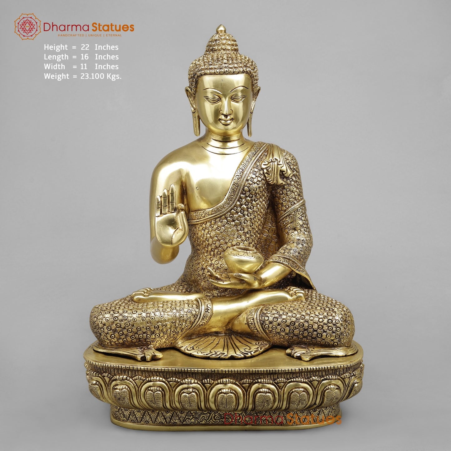 Brass Buddha Seated Full Robbed Blessing, Fine Golden Finish 22”