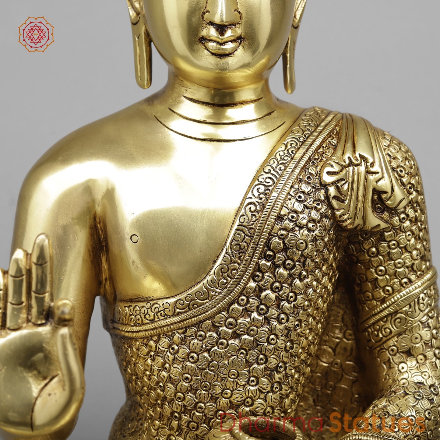 Brass Buddha Seated Full Robbed Blessing, Fine Golden Finish 22”
